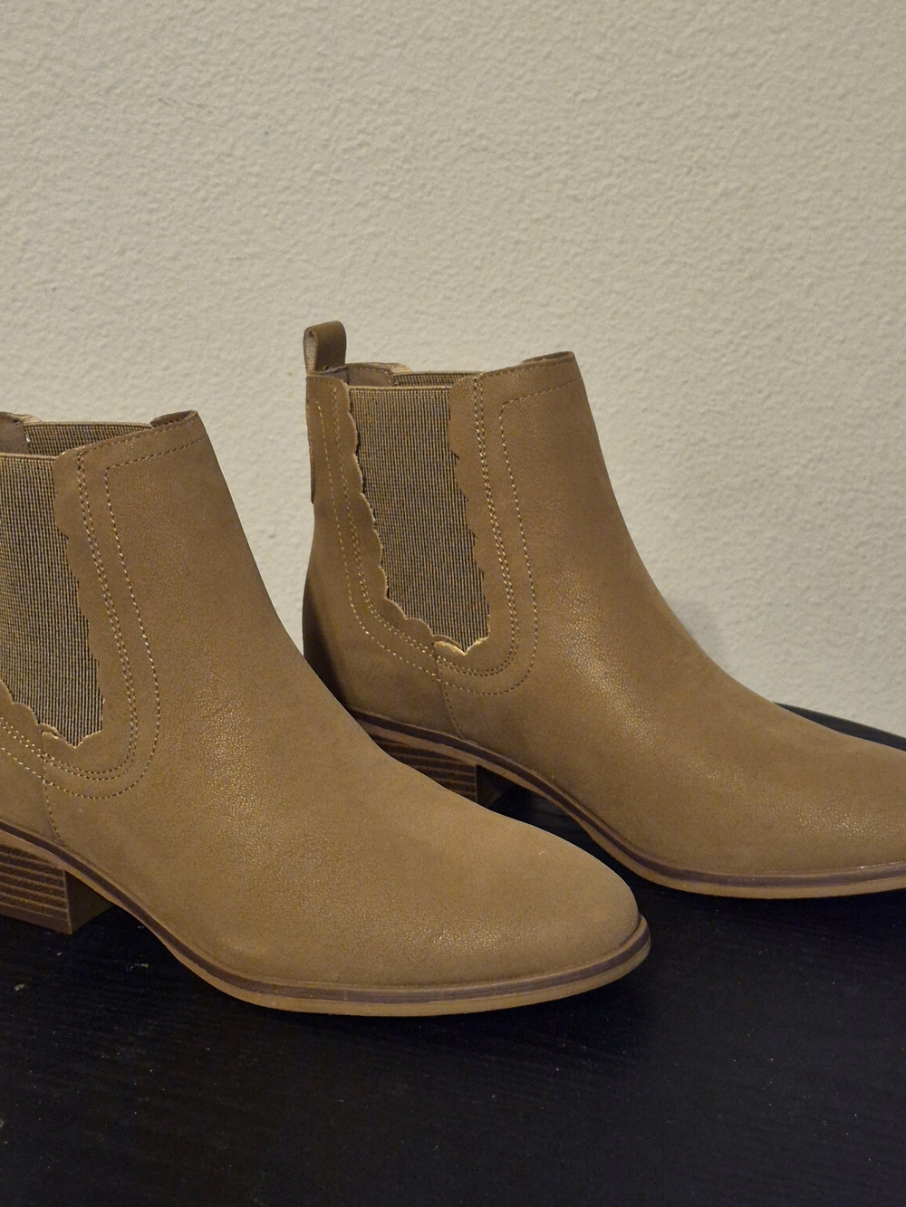 Women's Tan Chelsea Booties with Decorative Elastic Panels